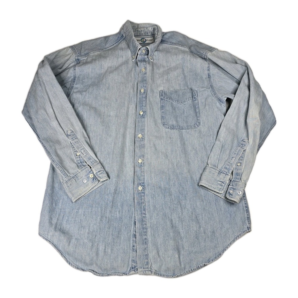 VTG 80s 90s World Island Denim‎ Button Blue Shirt Men's Large Long Sleeve USA
